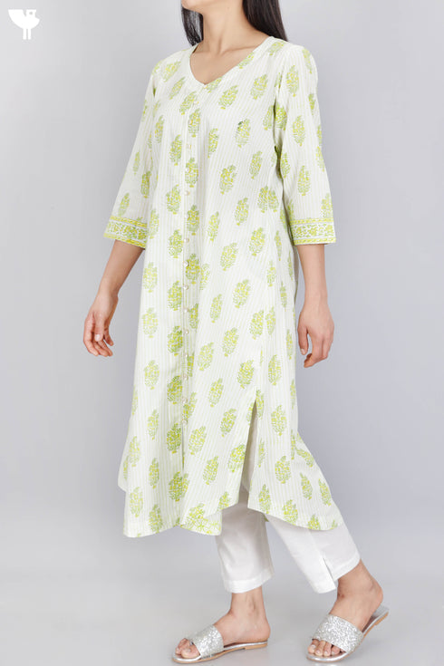Cambric Cotton Button Down Kurta In Floral Block Print