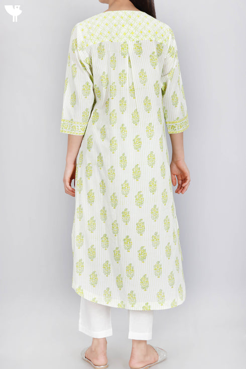 Cambric Cotton Button Down Kurta In Floral Block Print