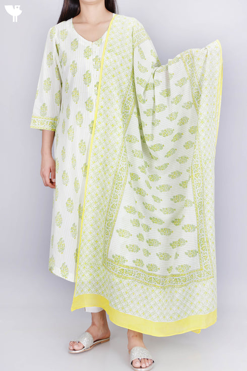 Cambric Cotton Button Down Kurta In Floral Block Print