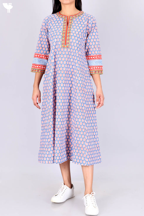 Cambric Cotton Midi Dress In Floral Block Print