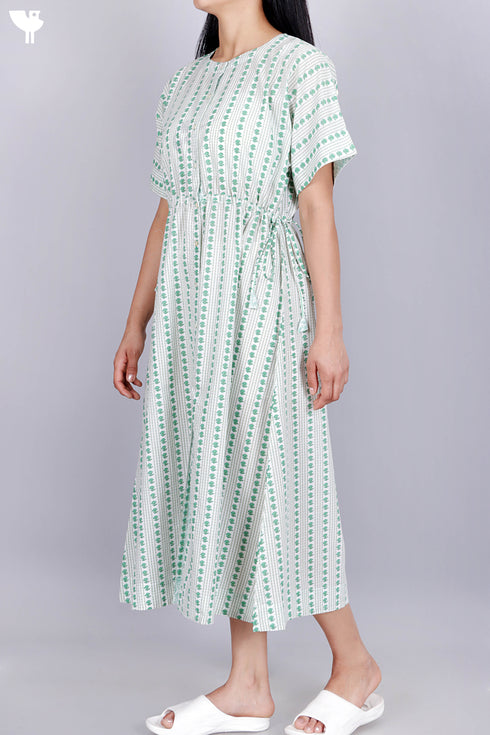 Cambric Cotton Midi Dress In Floral Block Print