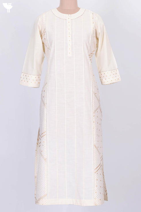 Slub Cotton Kurta With Pin-TucksIn Gold Block Print