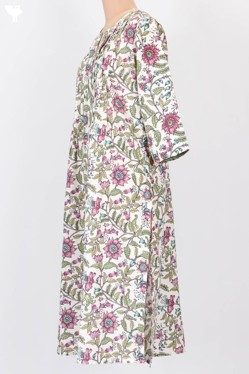 Cambric Cotton Kurta With Pintucks In Floral Print