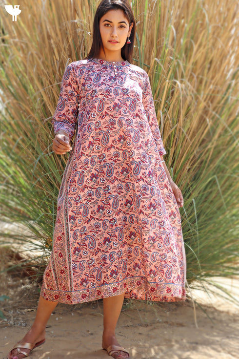 Mulmul Cotton Midi Dress In Paisley Block Print