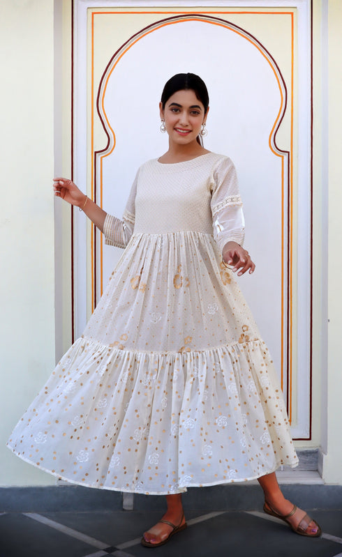 Mulmul Cotton Tiered Dress In Gold Block Print