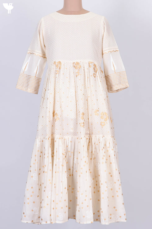 Mulmul Cotton Tiered Dress In Gold Block Print