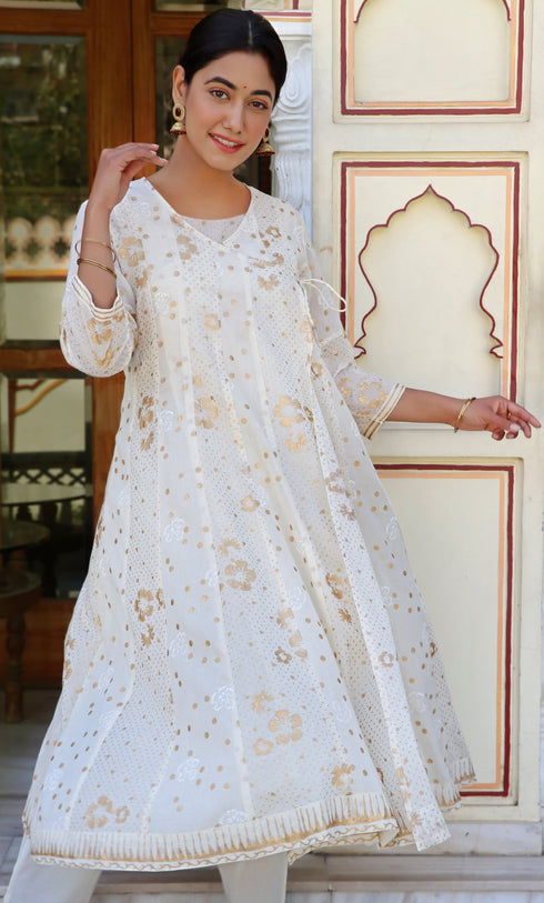 Mulmul Cotton Angarakha Dress With Slip In Gold Block Print