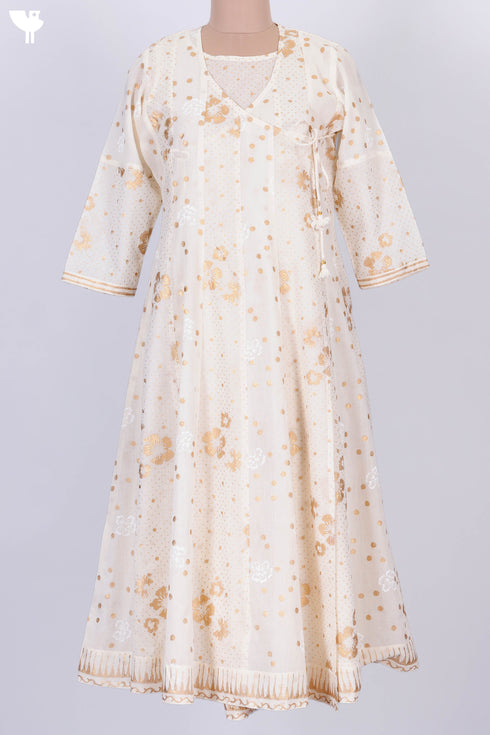 Mulmul Cotton Angarakha Dress With Slip In Gold Block Print