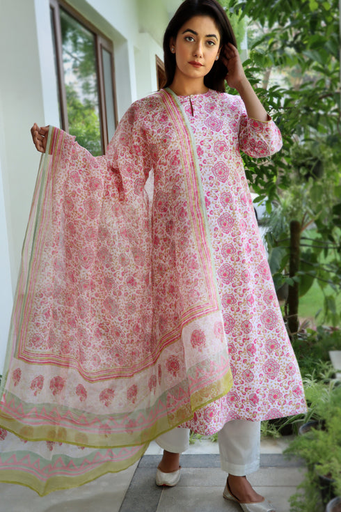 Cambric Cotton Kurta In Floral Block Print