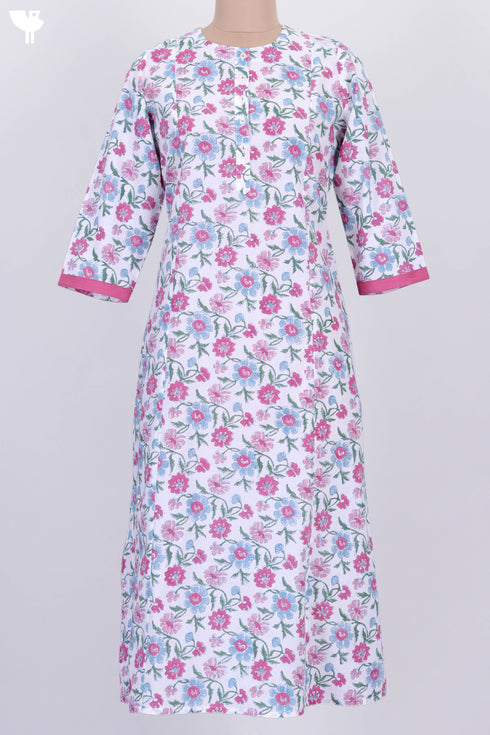 Cambric Cotton Kurta In Floral Block Print