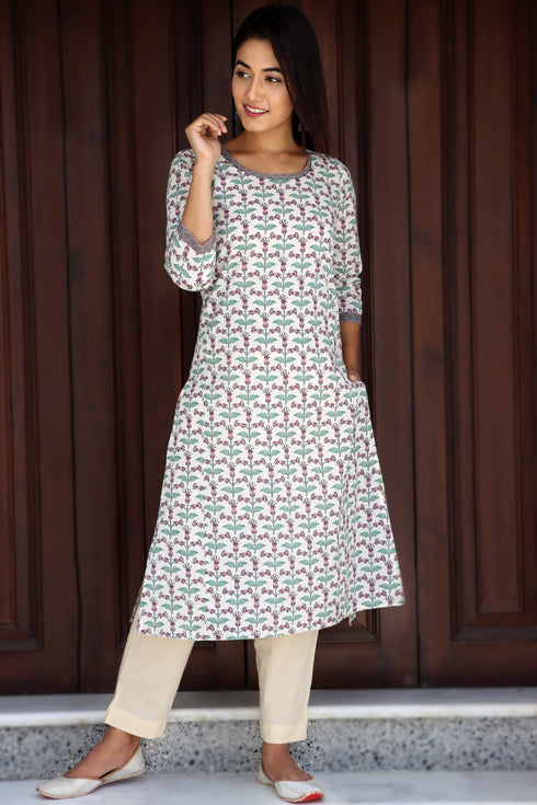 Cambric Cotton Kurta In Floral Print