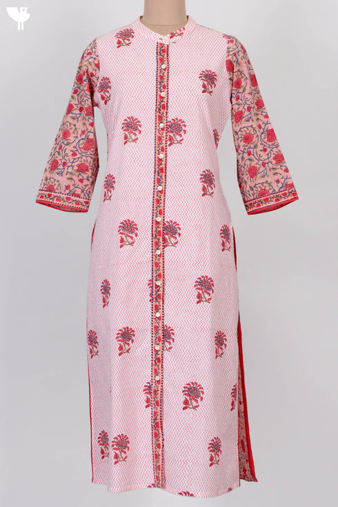 Cambric Cotton Button Down Kurta In Zigzag And Floral Block Print