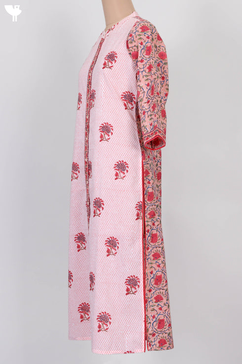Cambric Cotton Button Down Kurta In Zigzag And Floral Block Print
