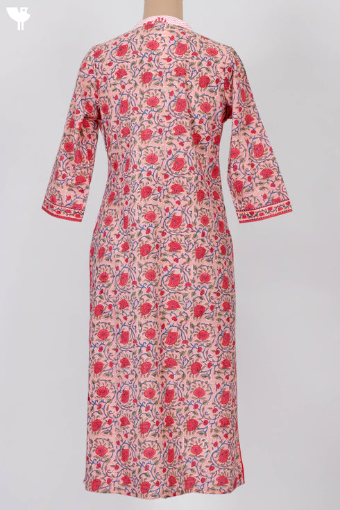 Cambric Cotton Button Down Kurta In Zigzag And Floral Block Print