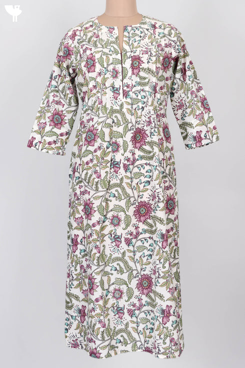 Cambric Cotton Pleated Kurta In Floral Print