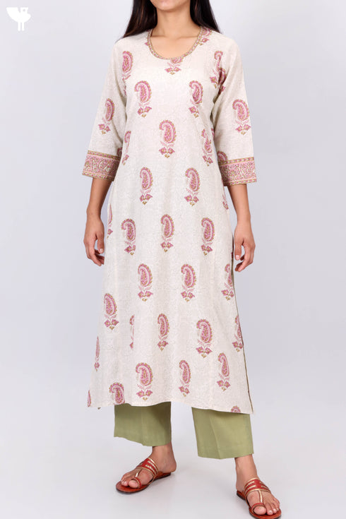 Cambric Cotton Kurta In Floral Block Print
