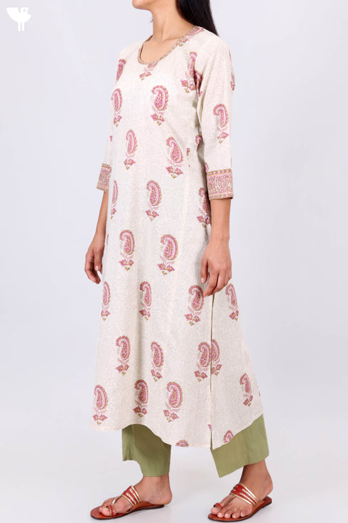 Cambric Cotton Kurta In Floral Block Print
