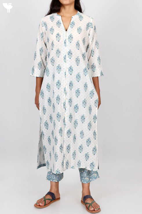 Cambric Cotton Button Down Kurta In Floral Block Print