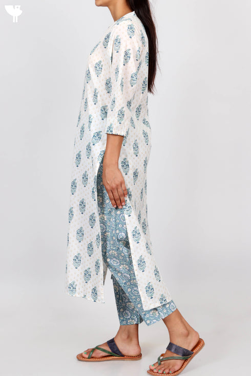 Cambric Cotton Button Down Kurta In Floral Block Print