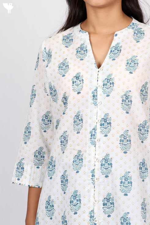 Cambric Cotton Button Down Kurta In Floral Block Print