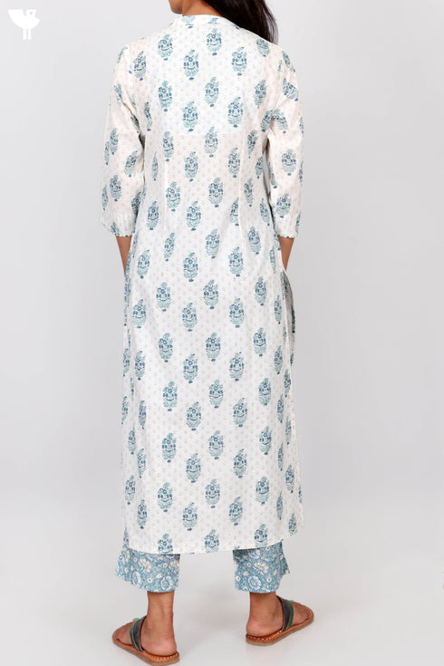 Cambric Cotton Button Down Kurta In Floral Block Print