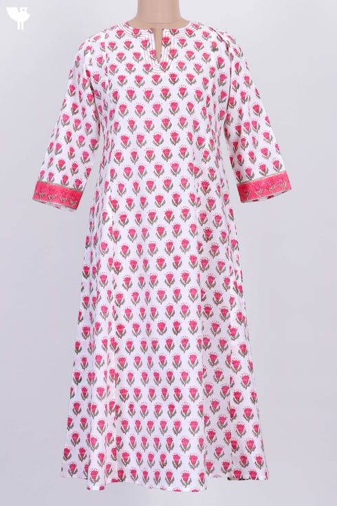 Cambric Cotton Dress In Floral Block Print