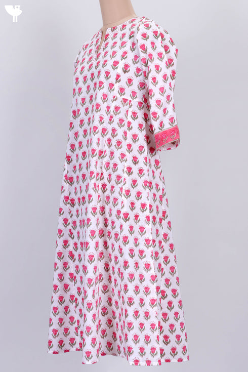 Cambric Cotton Dress In Floral Block Print
