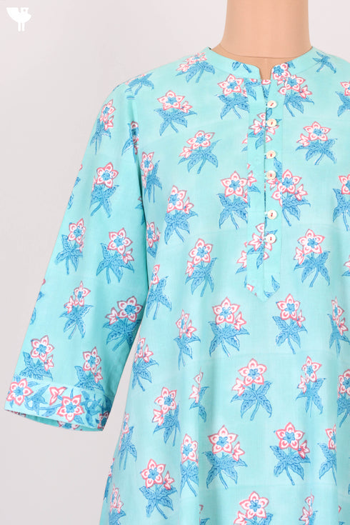 Cambric Cotton Dress In Floral Block Print