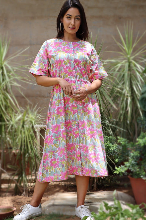 Cambric Cotton Drawstring Midi Dress With Floral Block Print