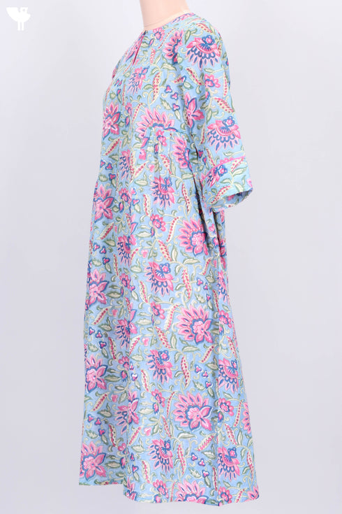 Mulmul Cotton Dress With Floral Block Print