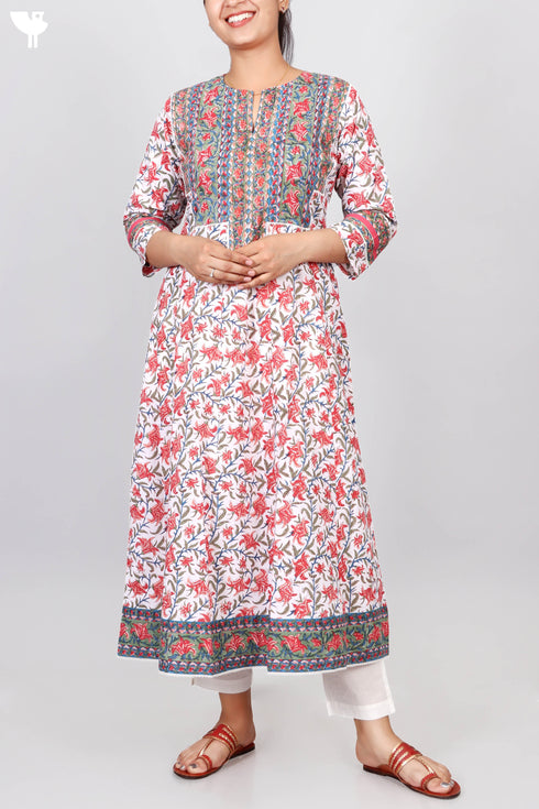 Cambric Cotton Dress With Floral Block Print