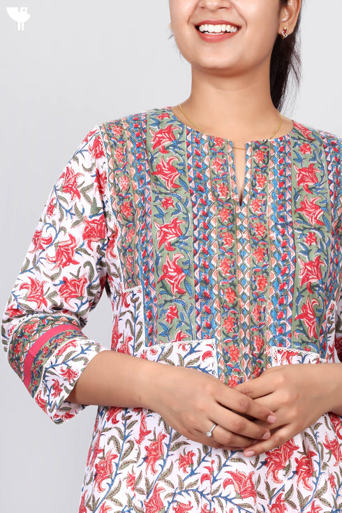 Cambric Cotton Dress With Floral Block Print