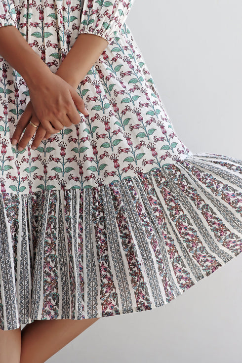 Slub Cotton Tiered Dress In Floral Print