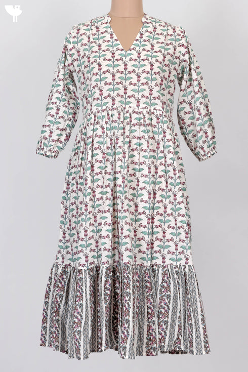 Slub Cotton Tiered Dress In Floral Print