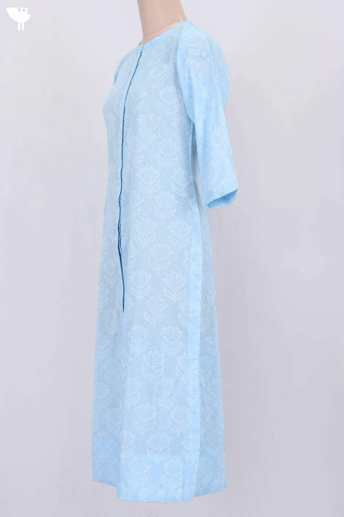 Mulmul Cotton Button Down Kurta With White Floral Block Print