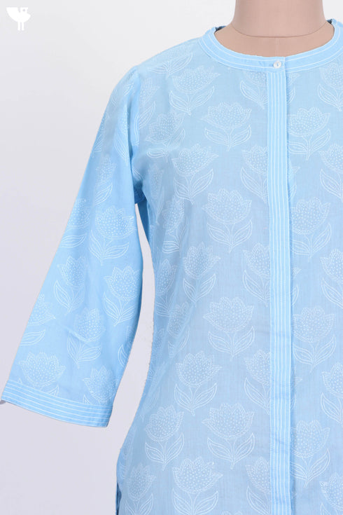Mulmul Cotton Button Down Kurta With White Floral Block Print