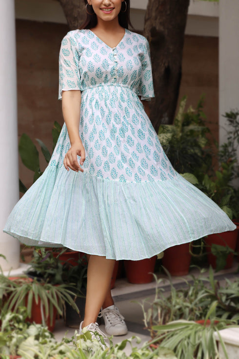 Mulmul Cotton Flared Dress In Floral Block Print