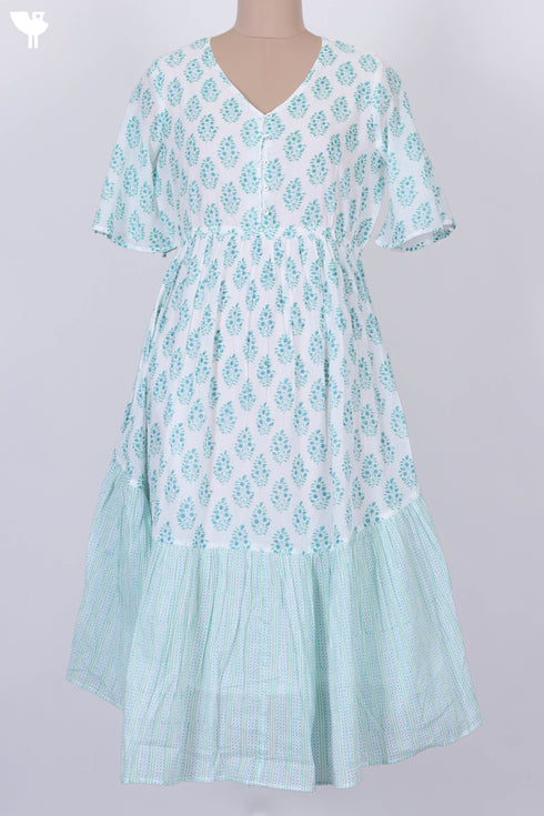 Mulmul Cotton Flared Dress In Floral Block Print