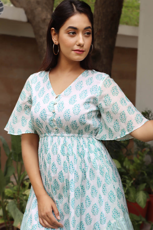 Mulmul Cotton Flared Dress In Floral Block Print
