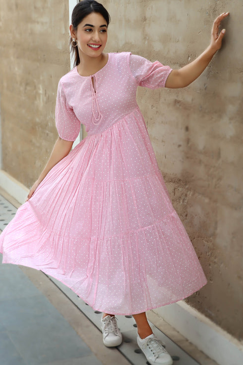 Mulmul Cotton Tiered Dress In Ivory Block Print