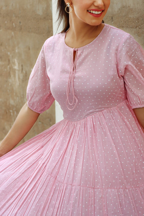 Mulmul Cotton Tiered Dress In Ivory Block Print