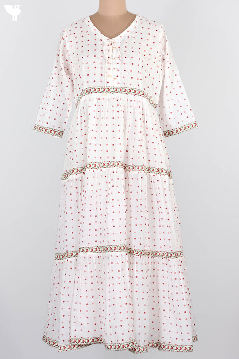 Mulmul Cotton Tiered Dress In Dotted Block Print
