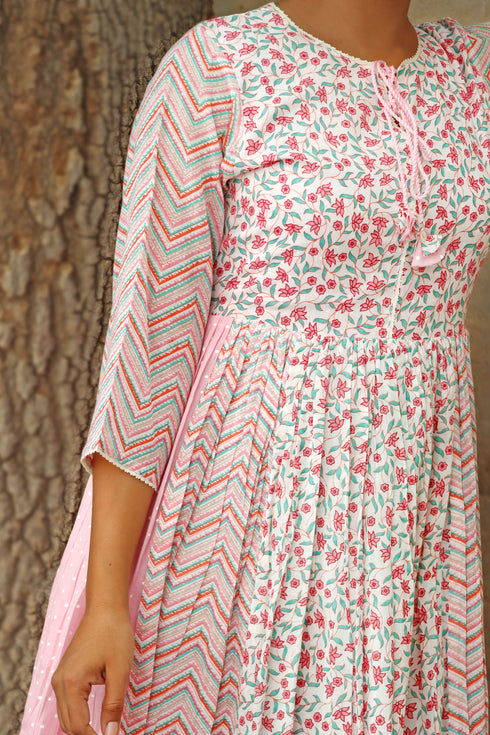 Mulmul Cotton Gathered Dress In Floral Print