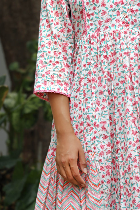 Mulmul Cotton Gathered Dress In Floral Print