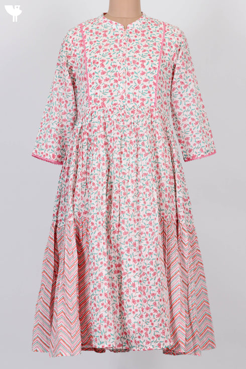 Mulmul Cotton Gathered Dress In Floral Print