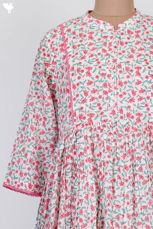 Mulmul Cotton Gathered Dress In Floral Print