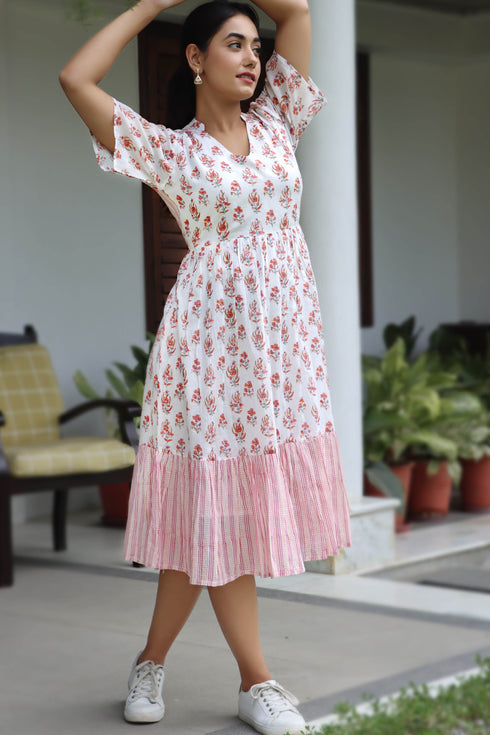 Mulmul Cotton Dress In Floral Block Print