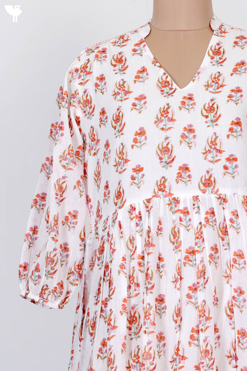 Mulmul Cotton Dress In Floral Block Print