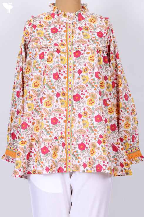 Cambric Cotton Frilly Top In Floral Print