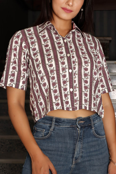 Cambric Cotton Button Down Crop Top In Floral Print